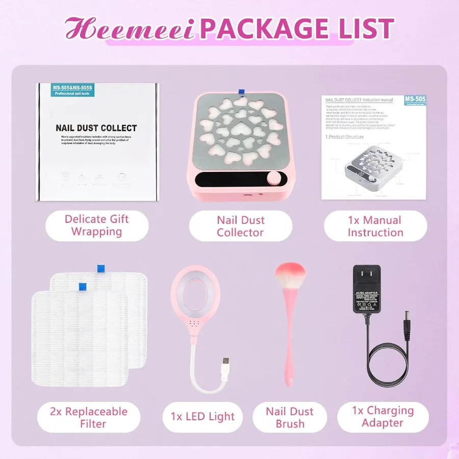 Nail Dust Collector Dust Collector Nail Tech with LED Light 2Pcs Reusable Filters Cleaning Brush Nail Fan Vacuum Dust Collector