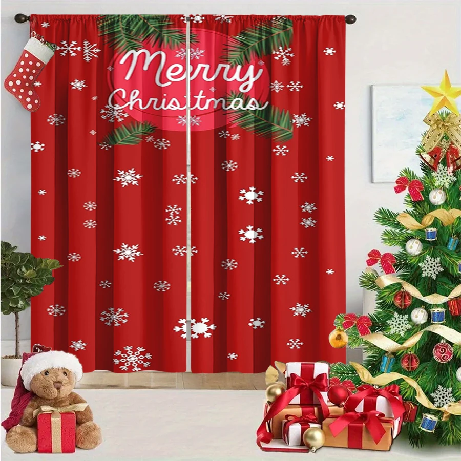 2PCS Christmas Winter Curtains, Snowflake Pine Branch Merry Christmas Red, Digital Print, Bedroom Living Room, Home Decor