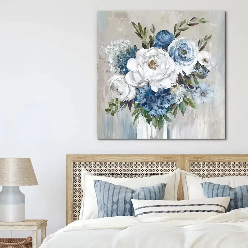 Modern Blue Flower Gold Foil Framed Canvas Wall Art for Living Room Bedroom Bathroom Dining Room Office