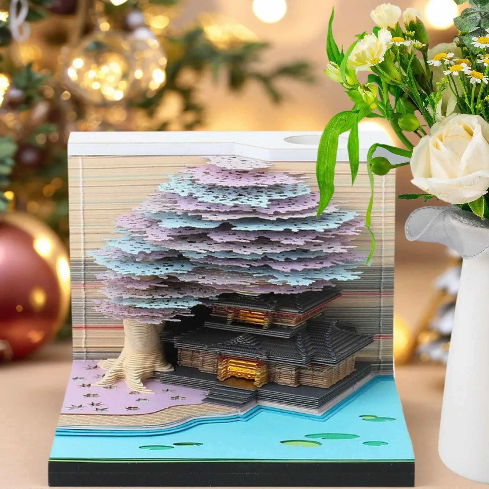 3Dカレンダー 2026年 ティアアウェイカレンダー 花の木の家デザイン アートメモ帳 ライト付き ティアアウェイメモ クラスルーム 休日 通勤用