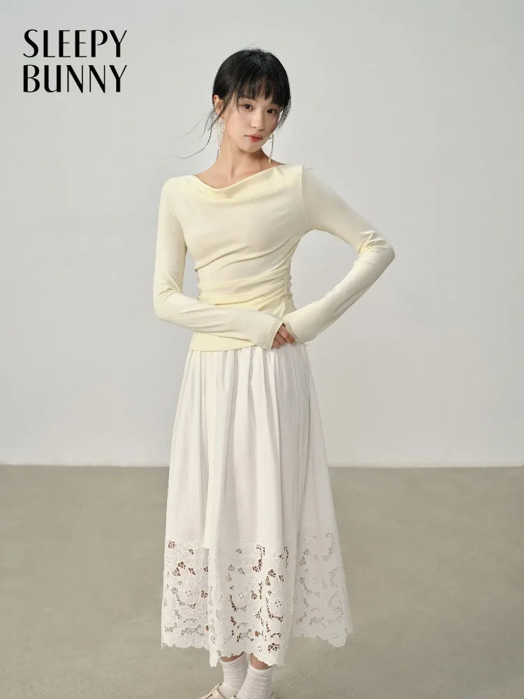 Women Hollow Embroidered Midi Skirt Spring Summer A-line Hip Covering Lace Trim Flowy Long Skirt for Lady Chic Casual Daily Wear