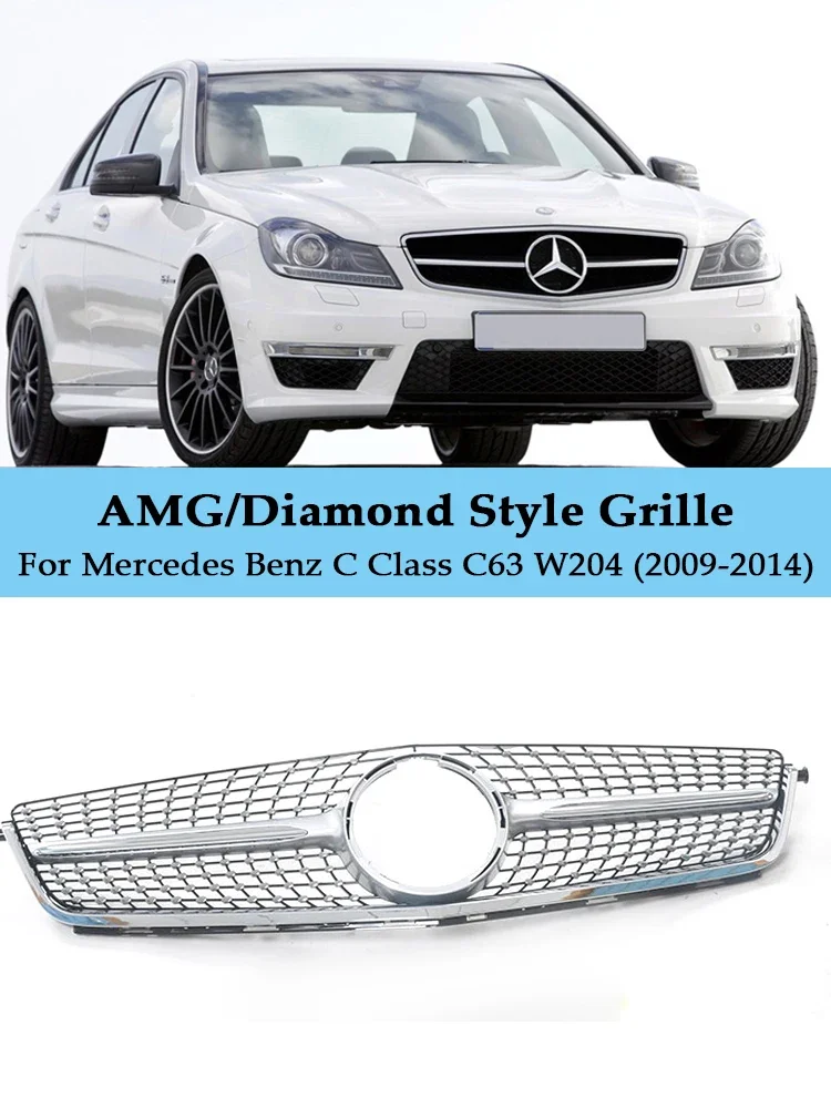 

For Mercedes Benz C Class C63 W204 Front Racing Refting Grille Diamonds AMG Style Radiator Grill C180 C200 C300 C350 2009-2014