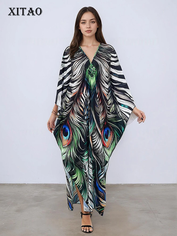 XITAO طباعة التباين اللون فستان فضفاض الخامس الرقبة عادية الكاحل طول أنيقة شخصية البلوز الصيف امرأة فستان GJ1158