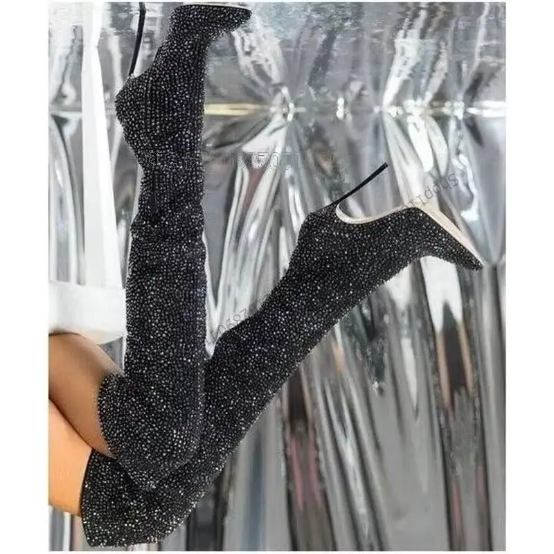 

Black Rhinestone Decor Giltter Pointed Toe Boots Side Zipper Women Shoes Thin High Heels Fashion Runway 2026 Zapatos Para Mujere