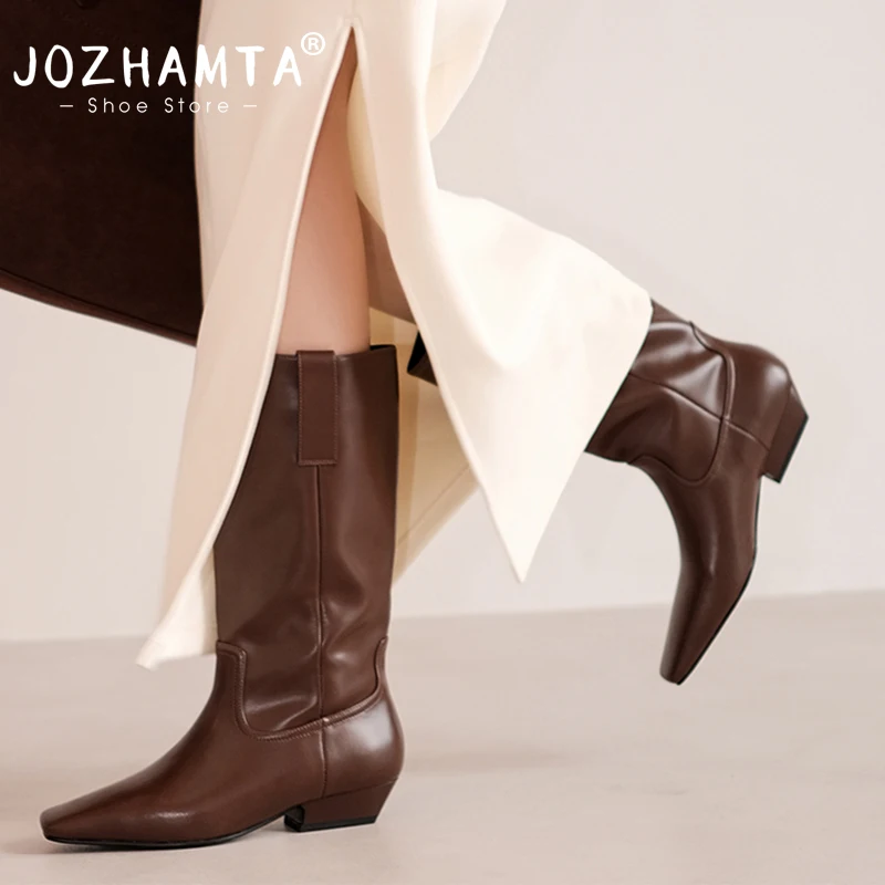 

JOZHAMTASize 34-40 Western Cowboy Boots For Women Cowgirl Wide Mid Calf Boots Real Leather Chunky Heels Shoes Fall Winter 2025