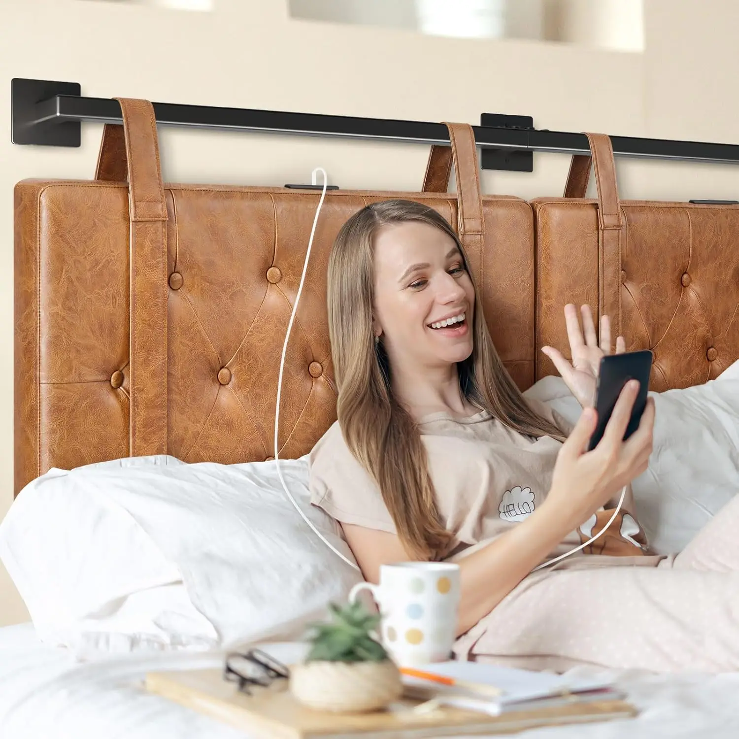 Green stell Wand halterung Kopfteil mit USB für Kingsize-Bett, nur PU-Leder Kopfteil, Industrie rohr modernen Stil, braune Hangi