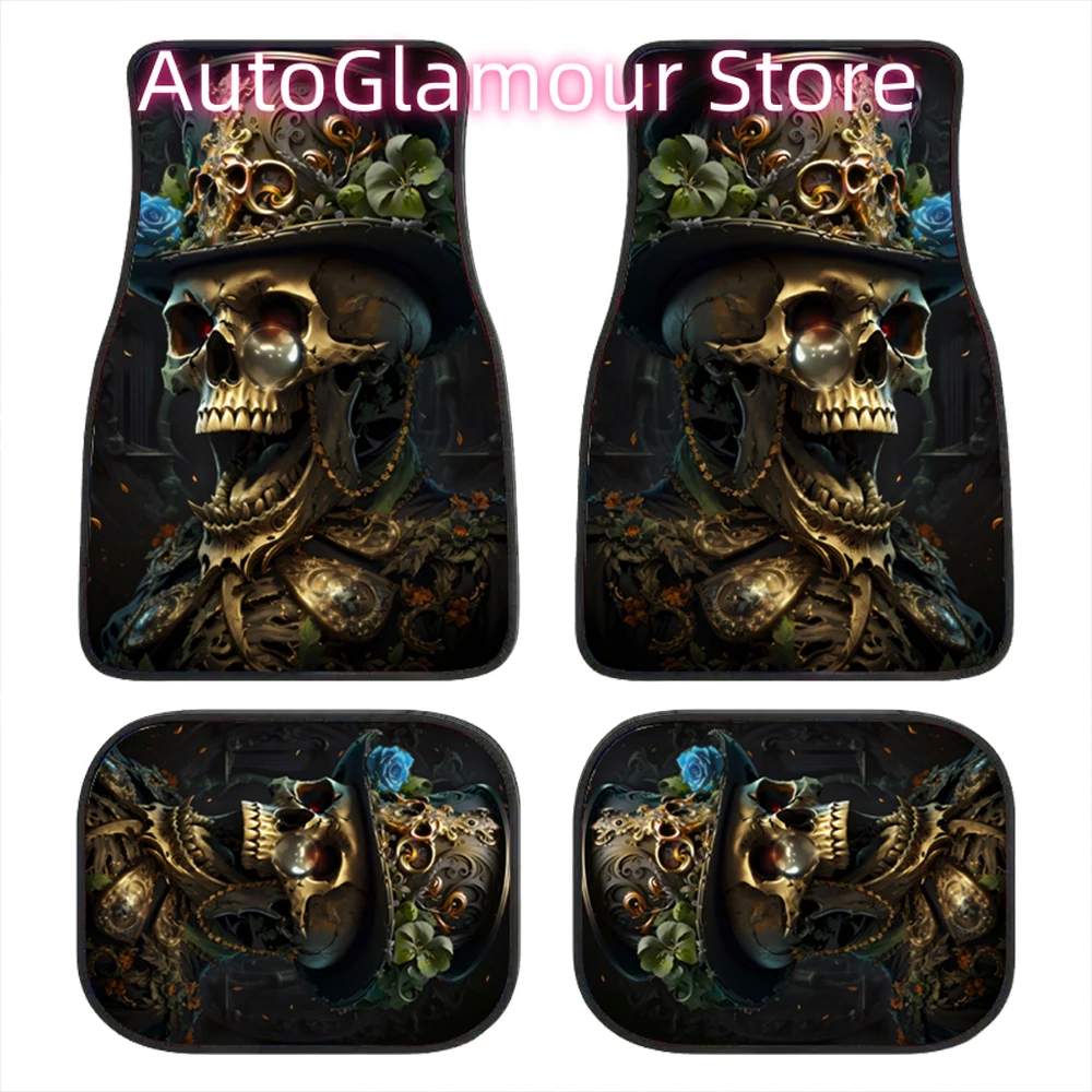 4PCS Gentleman Skull Pattern Car Floor Mats Water-absorbent Anti-slip Anti-fouling Mats for Car Front and Back Seat Carpets