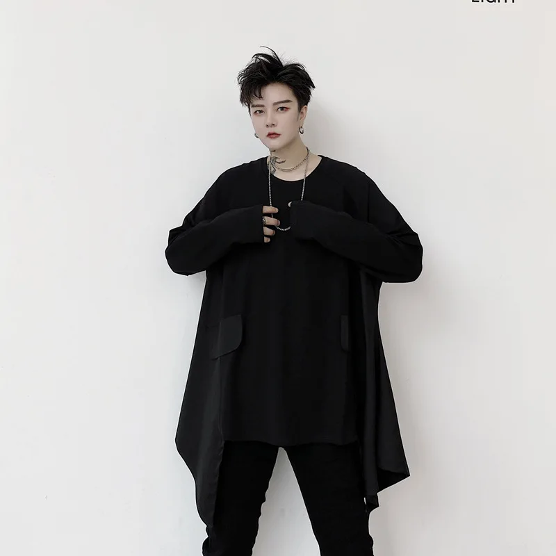 Spring New Men's Hip Hop T-shirt Personality Long Sleeve Oversize Splice Shirt Hair Stylist Lapel Male Clothes Hombre Coats