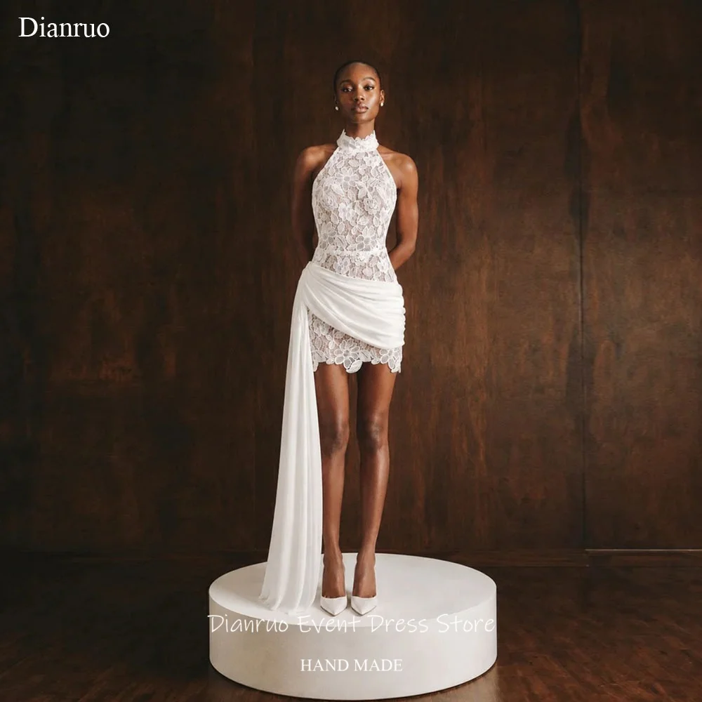 Dianruo High Halter Neck Wedding Dress Vintage Maxi Sleeveless Robe De Mariée Women's Chiffon Draped Evening Gowns Customized