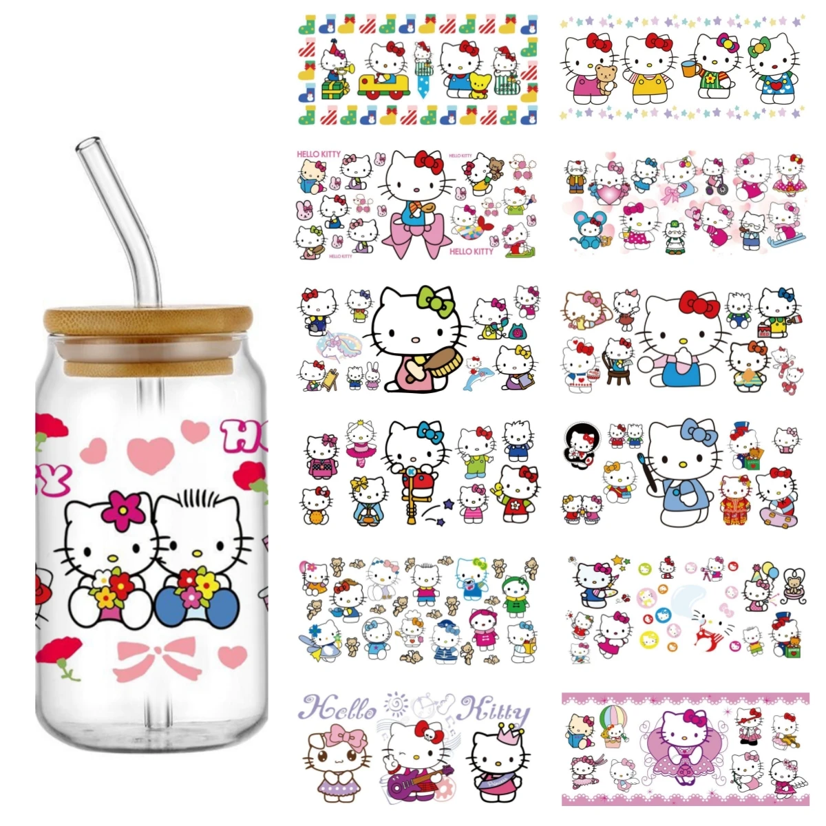 Miniso Hello Kitty 16oz 3D uv dtf sticker For Libbey 16oz Can Glass 3D Waterproof UV DTF Coffee Can Wrap Libbey Glass Wrap