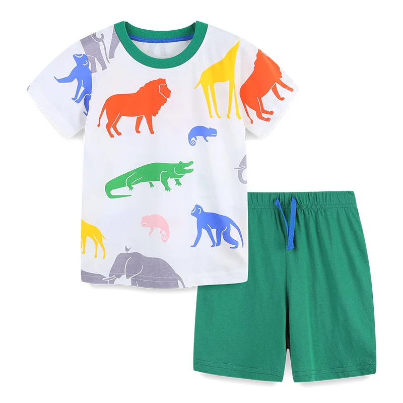 

Summer New ChildrenTT-shirt Two-Piece Style Children's Cartoon Green Pants Suit Knitted Short Sleeve SetAosd