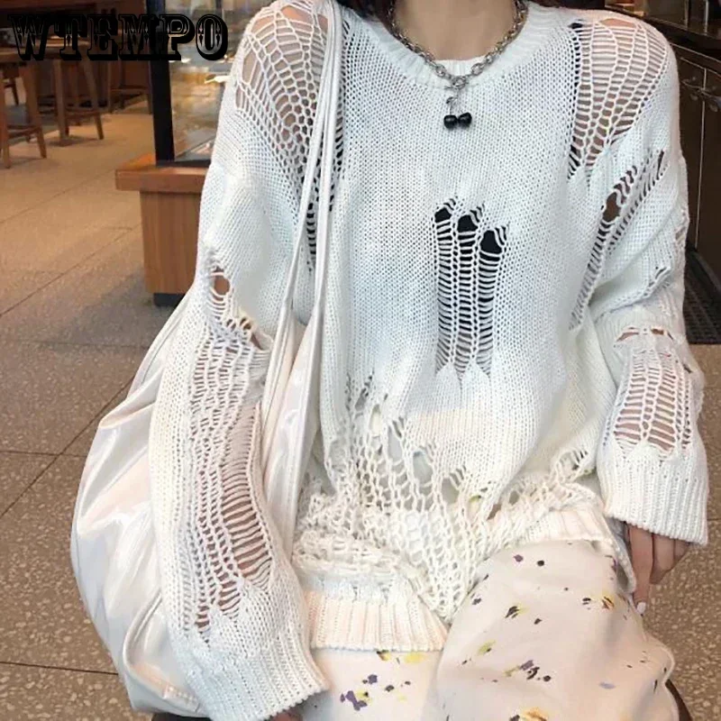 Women Y2K Hollow Out Ripped Knitwear Long Sleeve Crochet Knit Pullover Sweater See Through Grunge Shirts Streetwear