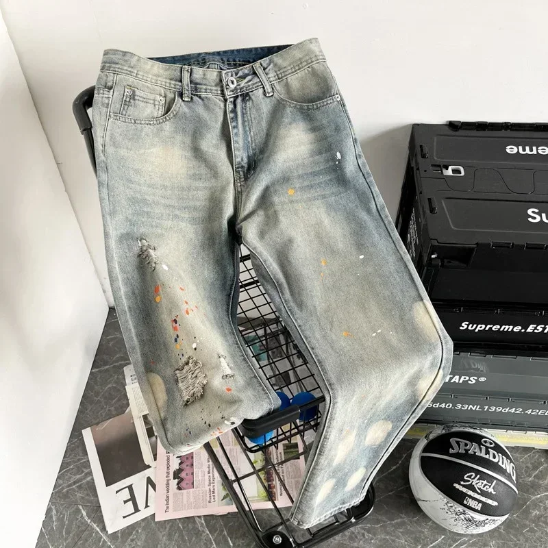 Jean Baggy Déchiré à l\'Encre pour Homme, Pantalon en Denim à Jambes Droites, Style Hip Hop, Graffiti, Streetwear, Y2k, Nouvelle Collection 2024