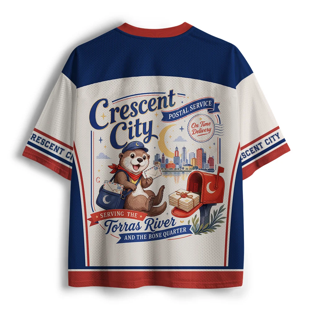 Men Women Retro Otter Postal Service Crescent City V Neck Jersey Short Sleeve Oversized Mesh Shirt Vintage Cartoon Casual