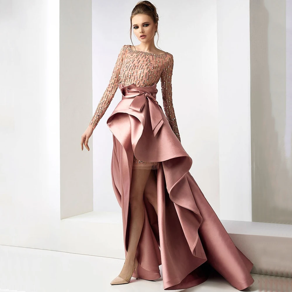 

Irregular High/Low Evening Dress Scoop Neck Long Sleeves Tulle and Satin Women Floor Length Gowns for Party and Prom Custom Made