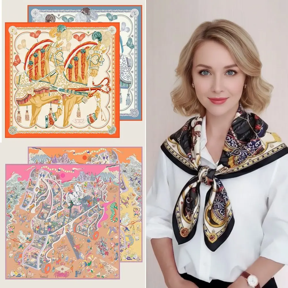 

Модный шелковый платок 90 см с узором «Лошадь», двусторонний принт, женские шарфы-платки, роскошный дизайн, квадратный платок для женщин, аксессуары