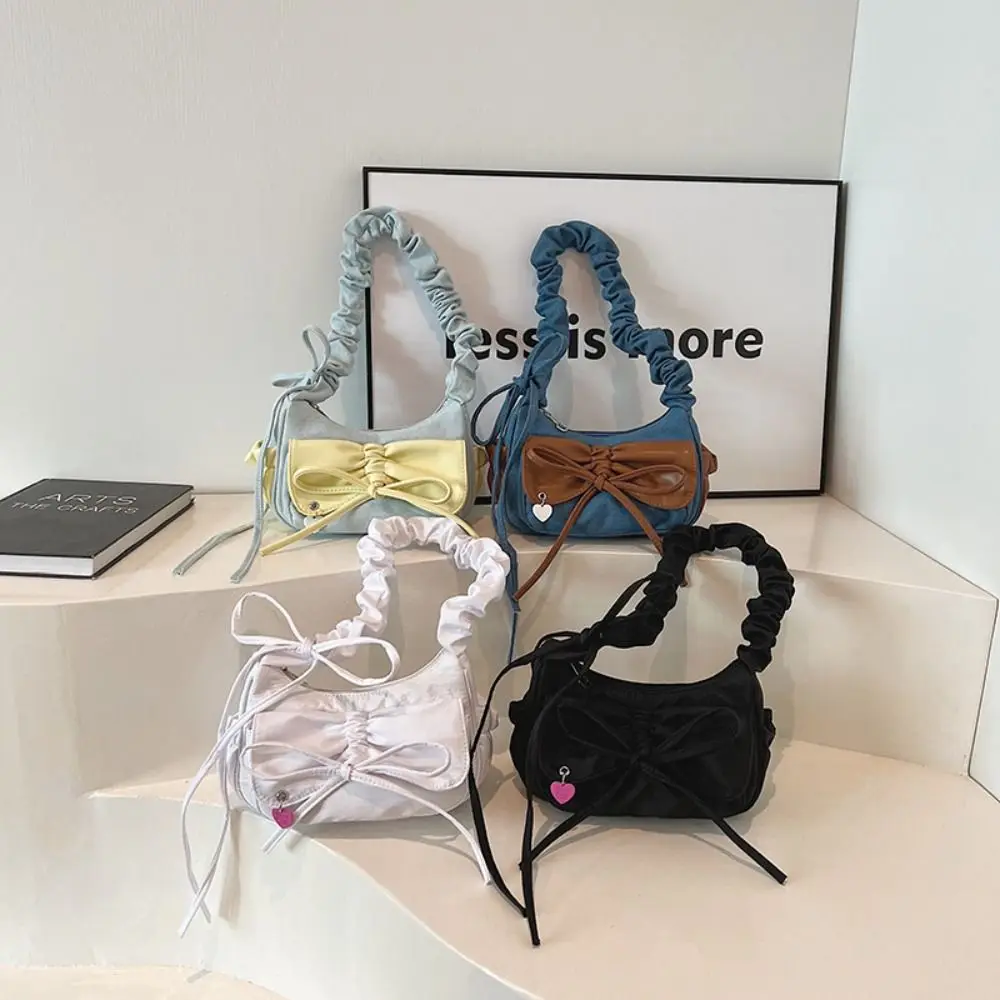 Korean Style Pleated Bow Tote Bag Pleated Strap Handbag Nylon Shoulder Bag French Style Solid Color Underarm Bag Girls