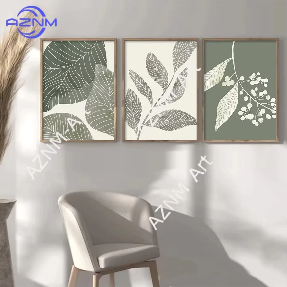 1_3PCS Modern abstract geometry small fresh plant leaves Nordic living room bedroom apartment poster triptych