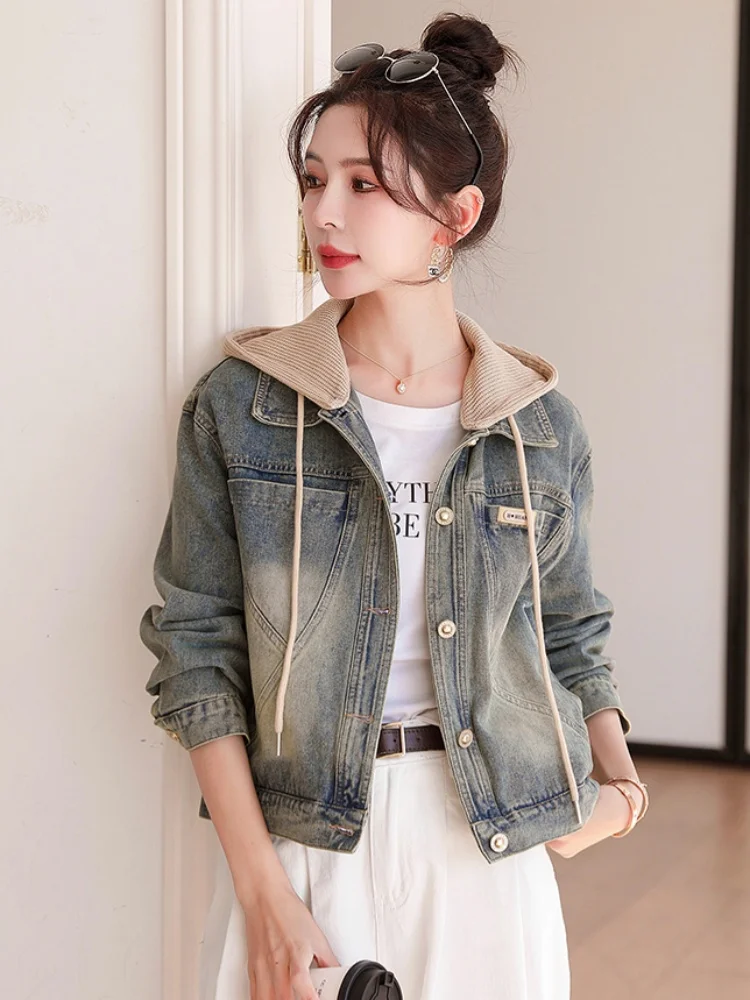 

Women's Hooded Short Denim Jacket Spring Autumn 2026 New American Retro Loose Versatile Jacket Top Button Placket Casual Style