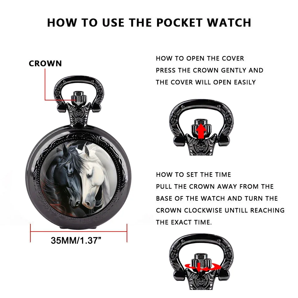 الحصان زجاج قبة كوارتز ساعة الجيب قلادة، ساعة قلادة فريدة من نوعها مع سلسلة ساعة ساعات مشاهدة مجوهرات هدية الملحقات