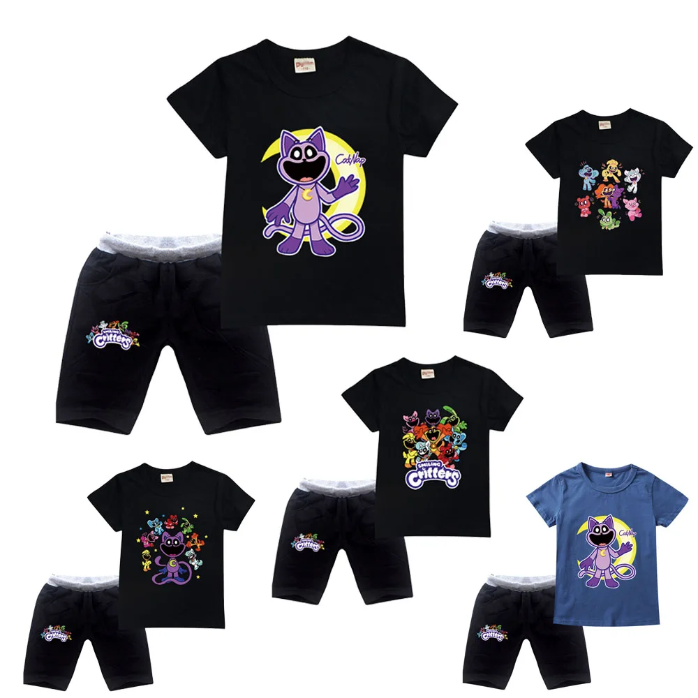 Smilings Critters Cat Kids Clothes Summer Baby Boys Cartoon Catnap Printing T-shirt + Short Pants Girls Casual Sport Tops Set