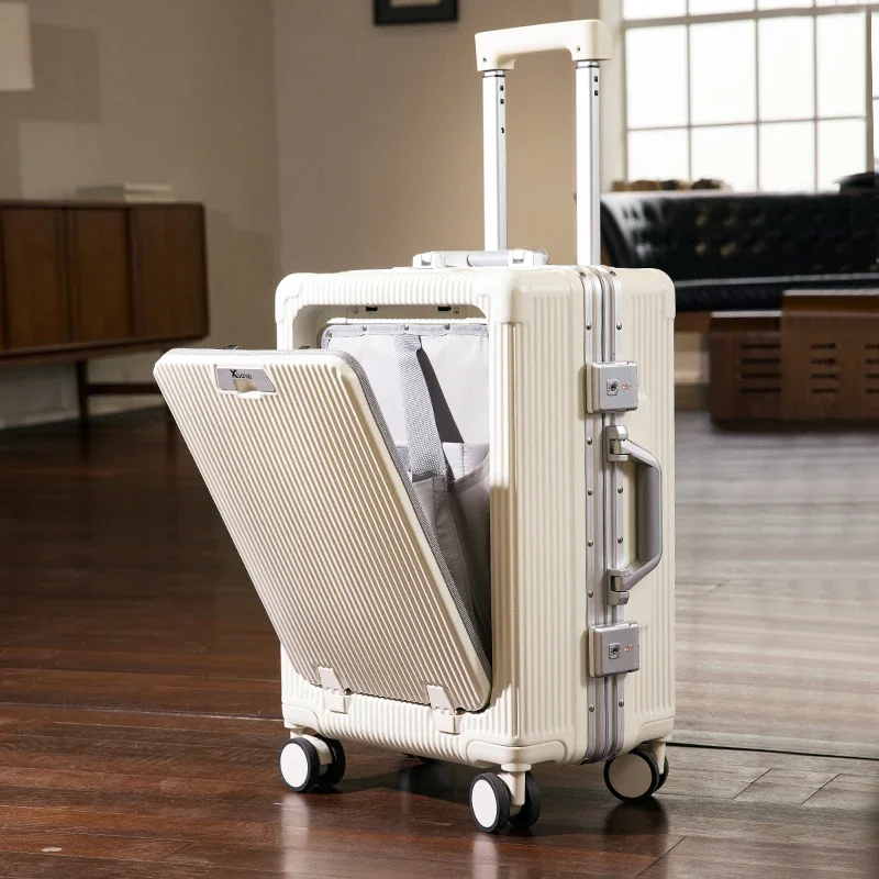 2024 Nieuwe Multifunctionele Bagage Aluminium Frame Vooropening Trolley Koffer 20/24 Inch Usb Waterbekerhouder Instappen Koffer