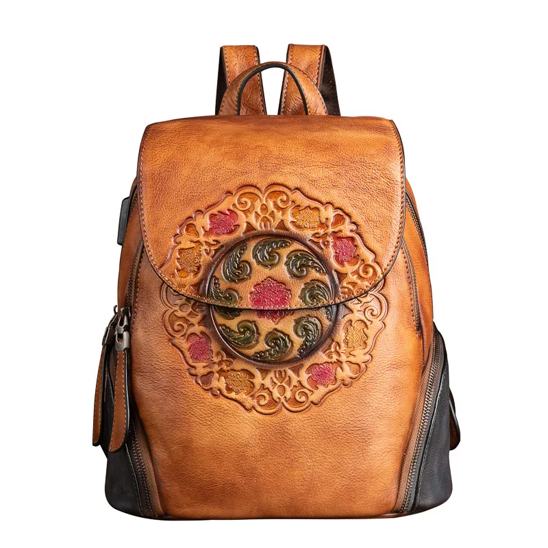 Borsa da donna zaino in pelle di mucca retrò primo strato Johnature 2024 nuova borsa da donna in vera pelle di grande capacità con goffratura fatta