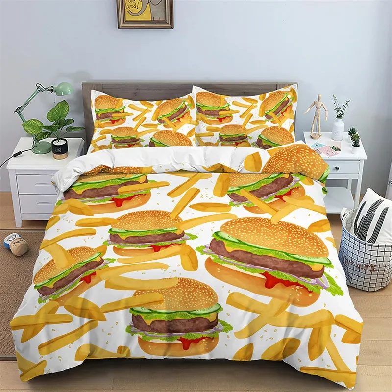 Hamburger Bedding Set Snack Pattern Duvet Cover Twin King For Boys Adults Decor Microfiber 3D Donut Quilt Cover With Pillowcases