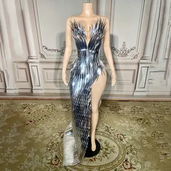 Shiny Silver Sequins Long Train Tube Dress Sexy Evening Prom Birthday Celebrate Dress Women Photo Shoot Wear Stage Costume