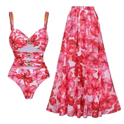 One Piece Swimsuit for Women, Golden Buckle, Printed Push Up Bikini Set, Swimwear, Slimming Bathing Suit, Beach Wear