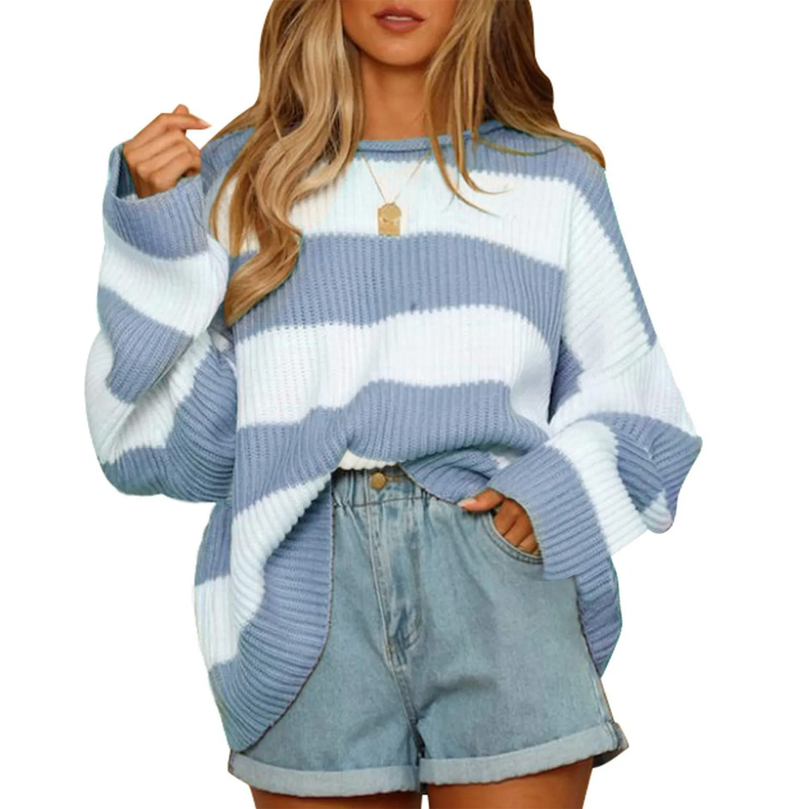 Women'S Patchwork Color Knit Sweater Crew Neck Long Sleeve Loose And Comfortable Warm Jumper Aesthetic All Match Sweater