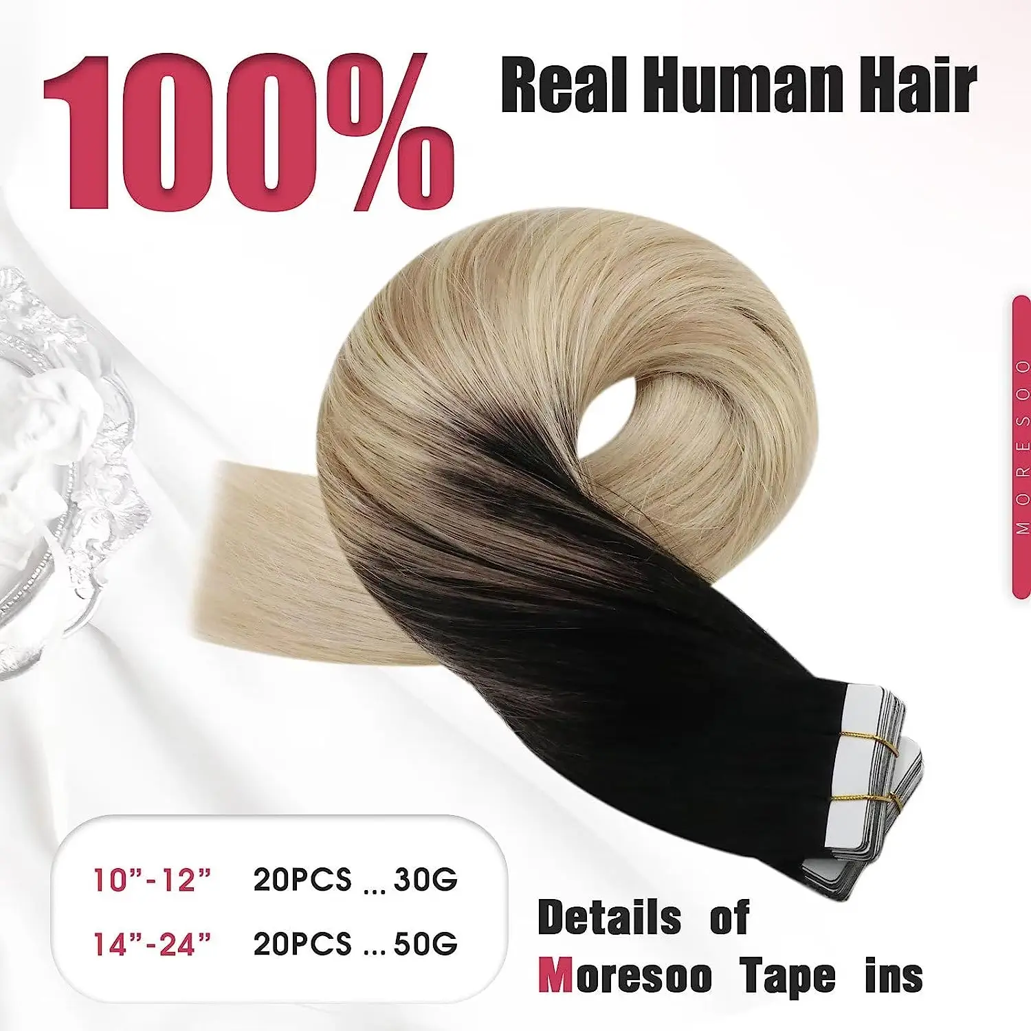 Moresoo Tape in Human Hair Extensions Balayage Blonde Hair Remy Hair Natural Soft Skin Weft Straight Seamless Hair Tape in Hair