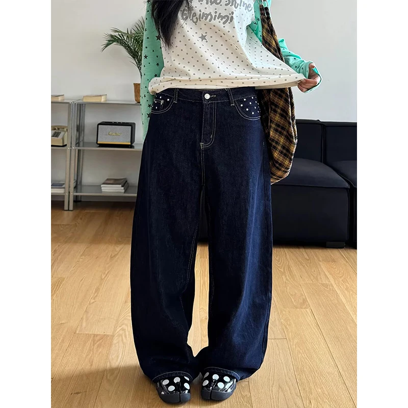 Women Black Jeans Y2k Gyaru Oversize Embroidery Denim Pants American Vintage Grunge Baggy Rivet Denim Trousers Autumn Winter
