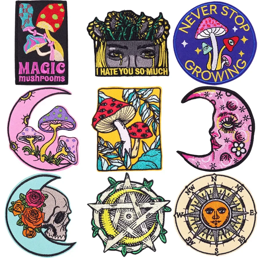 50Pcs Bulk Embroidered Patch Iron On Patches for Clothing Mushroom Clothes Stickers Sewing Thermal Adhesive Applique Fusible