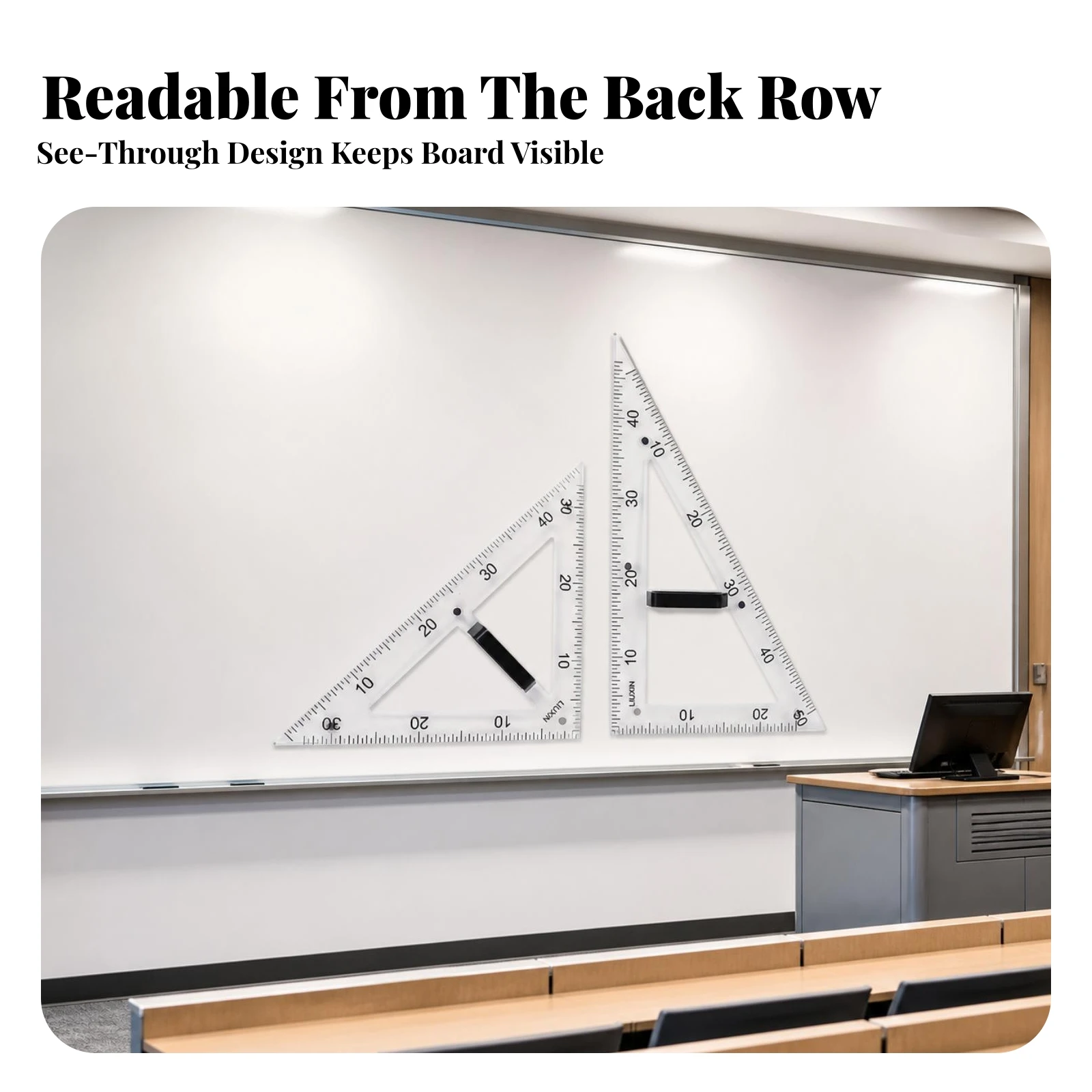 2 Pieces Triangular Teaching Ruler Long-Lasting Magnetized Classroom Ruler with Detachable Handle Geometry Tool Lightweight