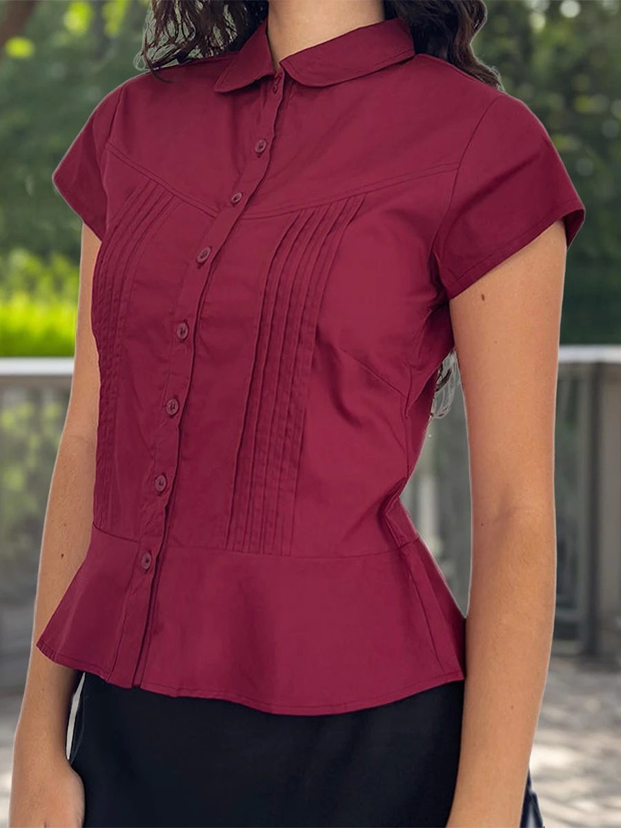 เสื้อยืดคอวีลําลองของผู้หญิงหลวมพอดีแขนสั้นสีทึบปุ่มลงเสื้อจีบเสื้อฤดูร้อนสําหรับสุภาพสตรี