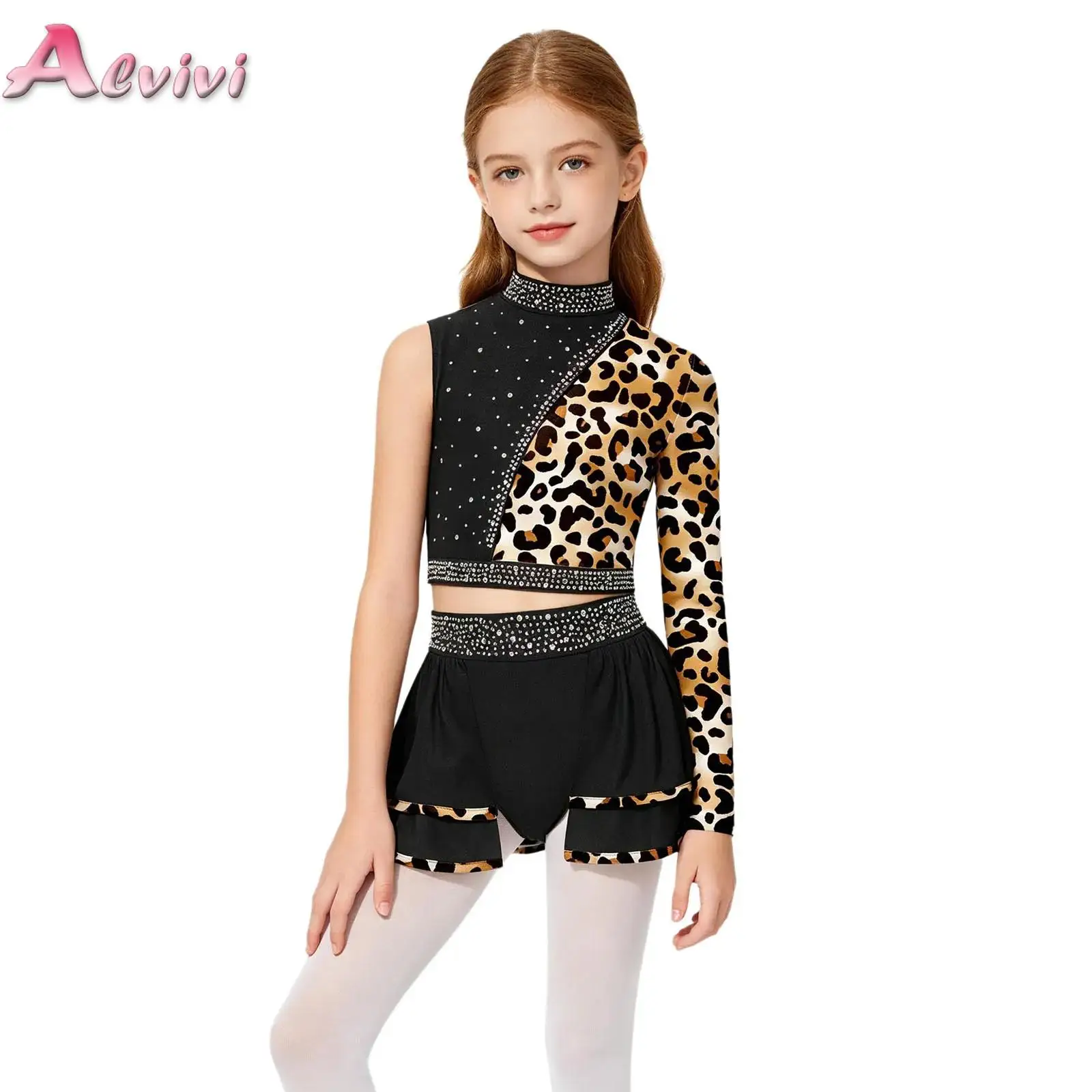

Girls Shiny Rhinestones Jazz Dance Outfit Asymmetrical Sleeve Crop Top with Skirt Suit for Ballet Latin Performance Costumes