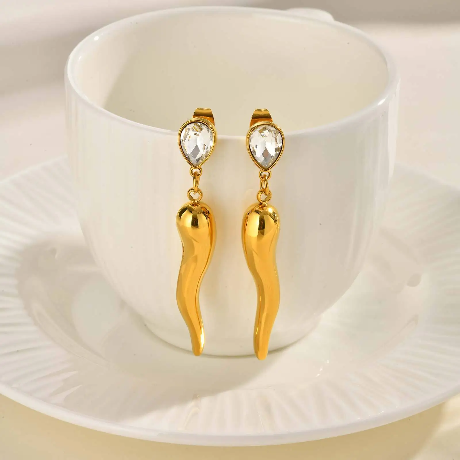 

Cubic Zirconia Italian Horn Dangle Earring for Women, Stainless Steel Lightweight Lucky Amulet Cornicello Jewelry