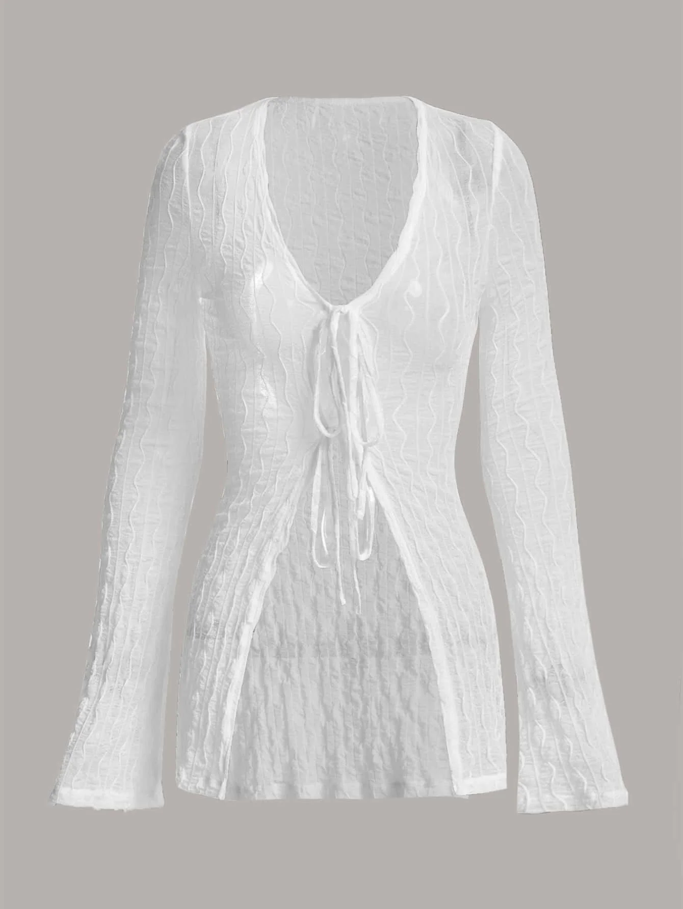 

Текстурированный полупрозрачный топ с рукавами-колокол и завязками спереди