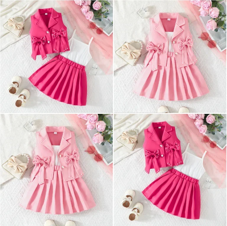 Girls Pearl Bow Vest Blazer Pleated Skirt 3Pcs Set Kids Birthday Party Portrait Formal Outfit Pageant Ceremony Kids Outfit ZYD47