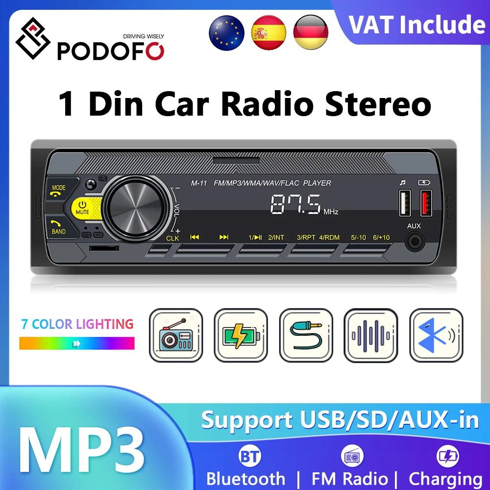 Podofo autoradio 1 Din MP3 autoradio Bluetooth FM AUX dans USB boutons colorés APP télécommande lecteur multimédia de voiture