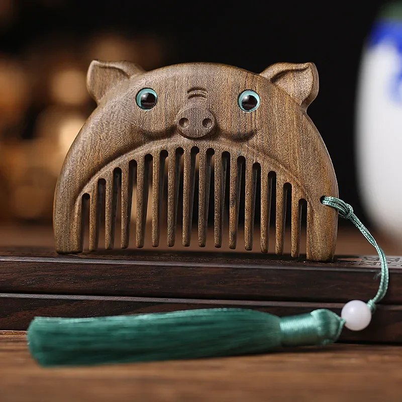 Woodcarving Zodiac Comb Natural Green Sandalwood Small Combs Anti-static Head Massage Hair Comb Brush Gift Расческа Для Волос