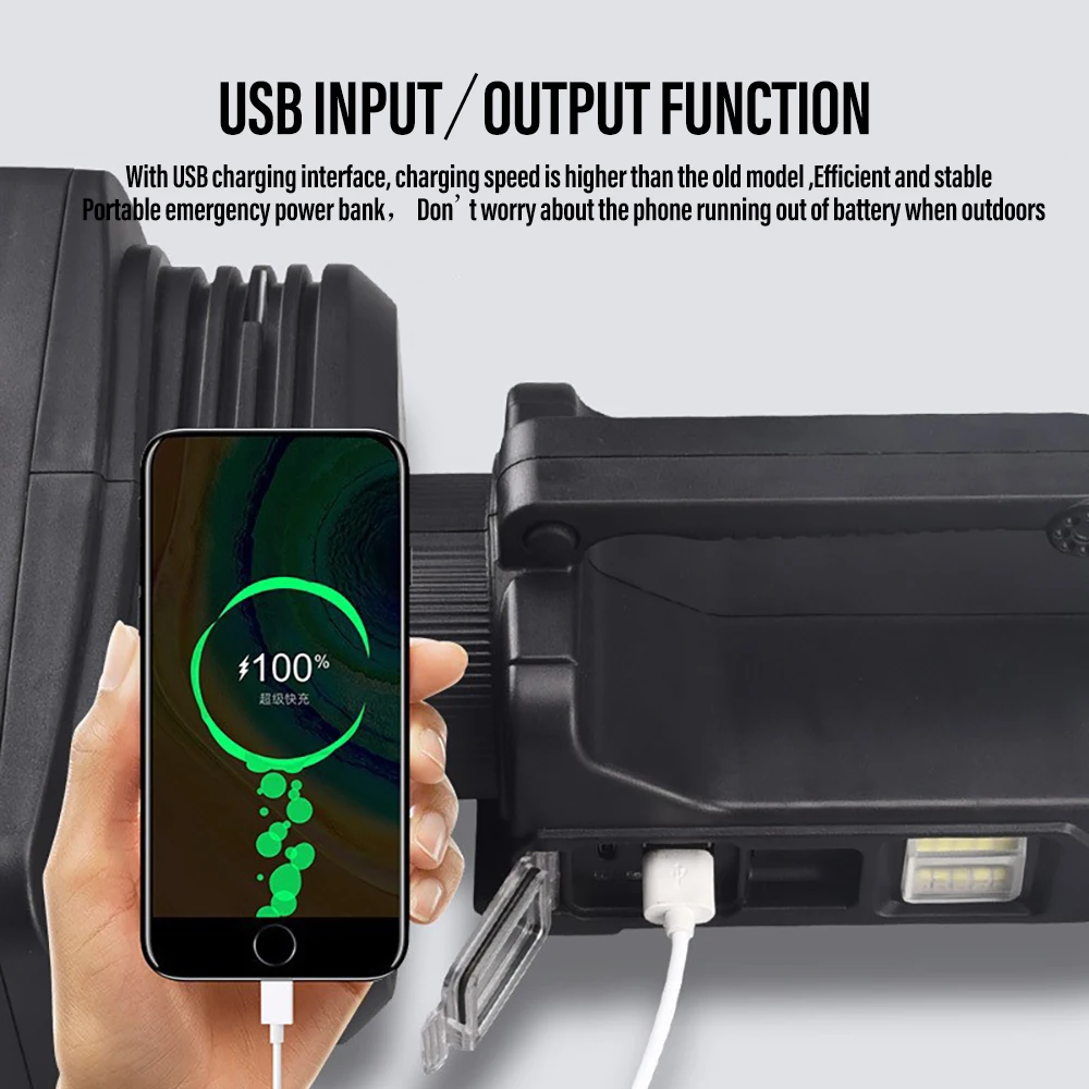 High Power Flashlight 2*XHP50 LED Torch Waterproof Spotlight Searchlight USB Rechargeable Fishing Lantern with Side Light Base