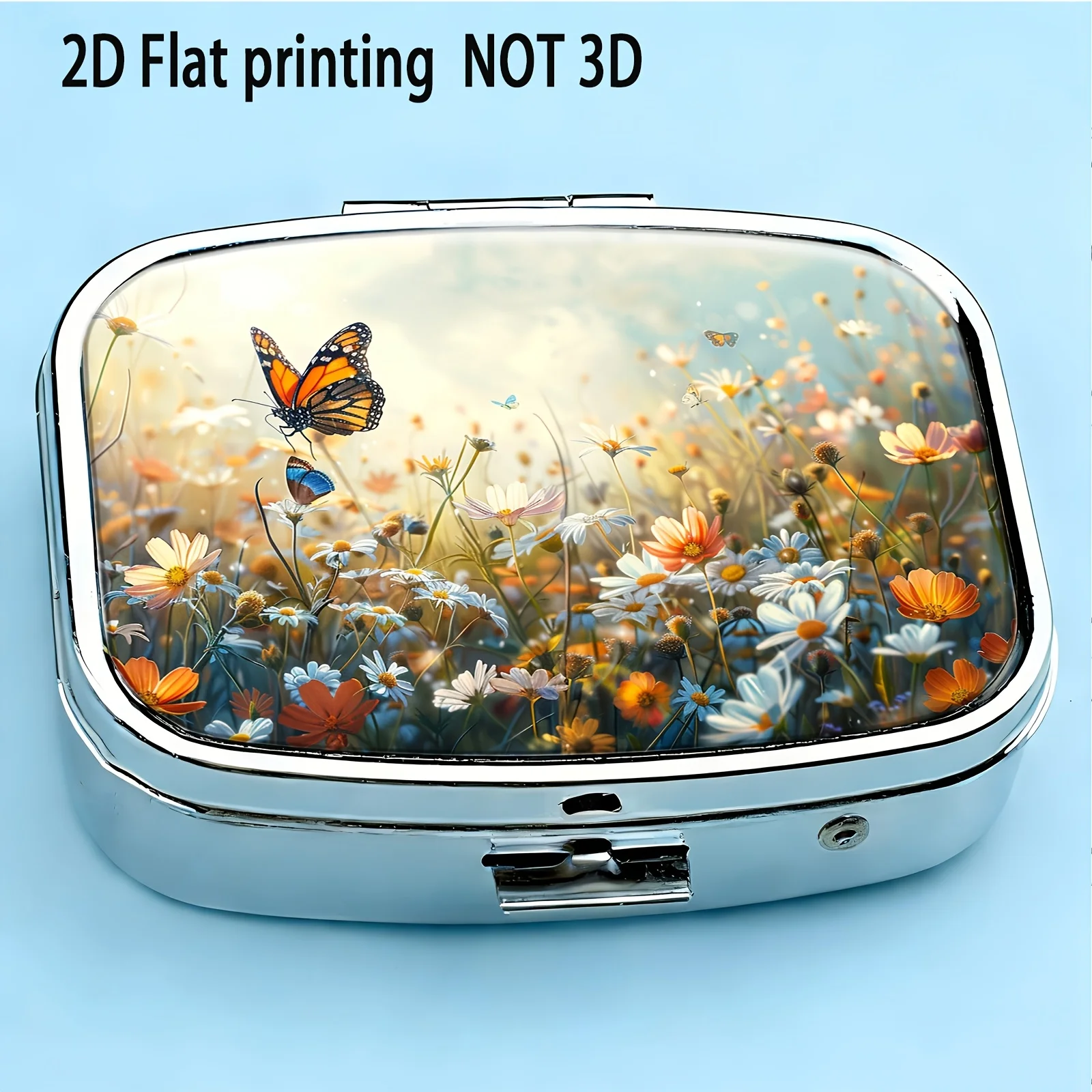 Flower Sea and Butterfly Flying Pattern, Natural Style - Portable Metal Material - Lightweight and Convenient - Exquisite and Practical - Useful Gift - Suitable for Various Occasions - Small Particle Storage - Compact and Delicate Decorative Box - Small Medicine Box - Compact Jewelry Box - Versatile, Personal Medication Dispensing Box