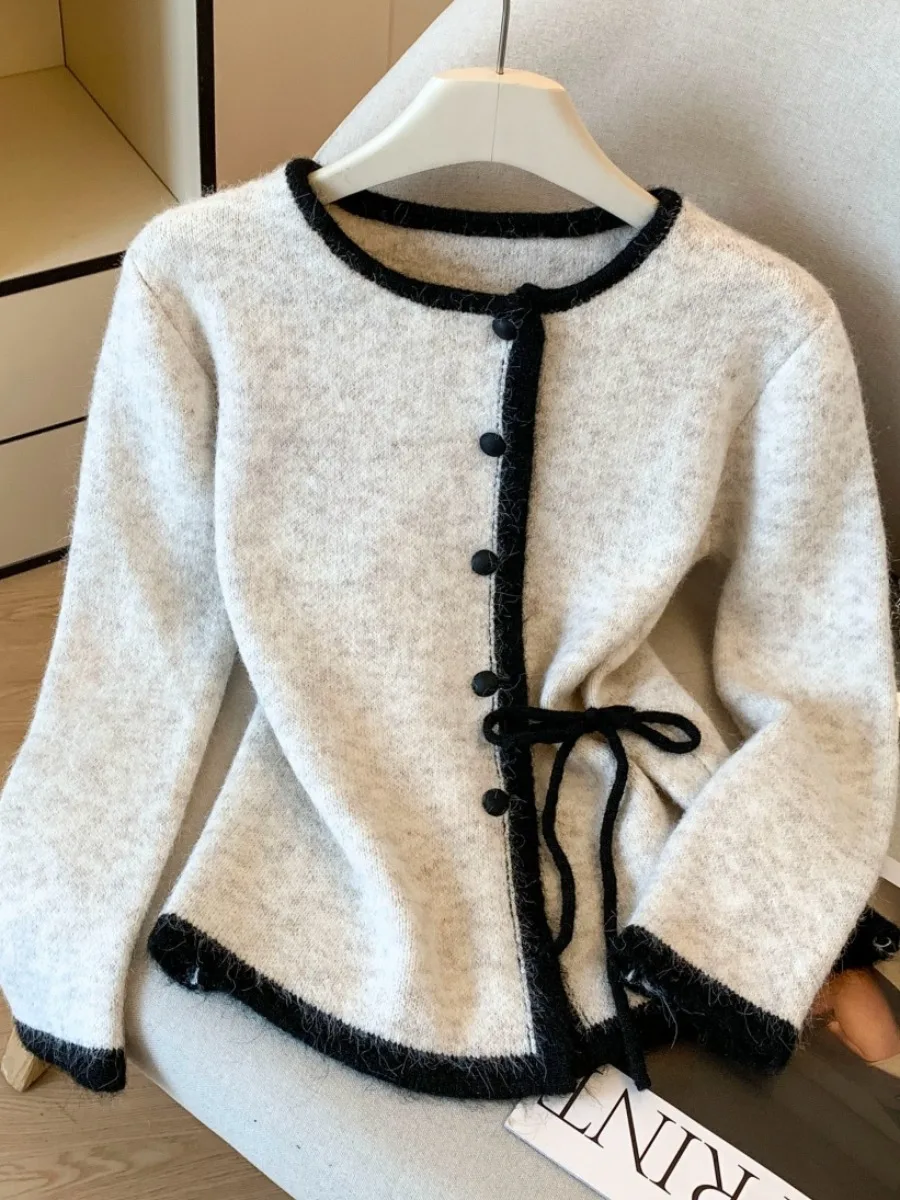 

Женский свободный крой вязаный свитер, пальто с поясом, осенне-зимняя верхняя одежда, утягивающий открытый кардиган, оригинальный дизайн, узел