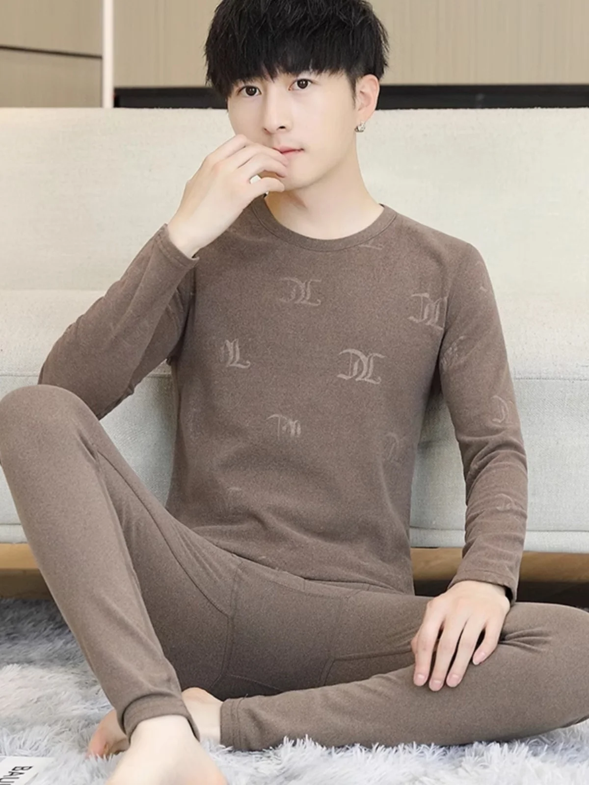 

Теплый двусторонний комплект термобелья из немецкого вельвета для мужчин: молодежный, с вышивкой букв, базовый слой, осенняя одежда