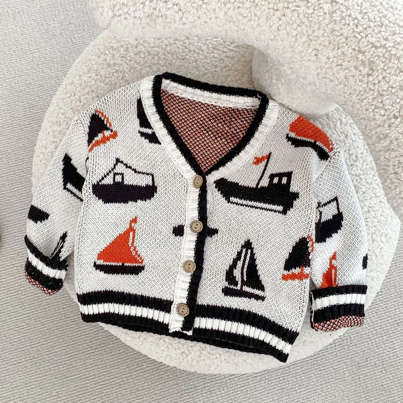 

Autumn new baby clothing, 0-3 year old female baby knitted sweater sailboat jacquard knitted jacket