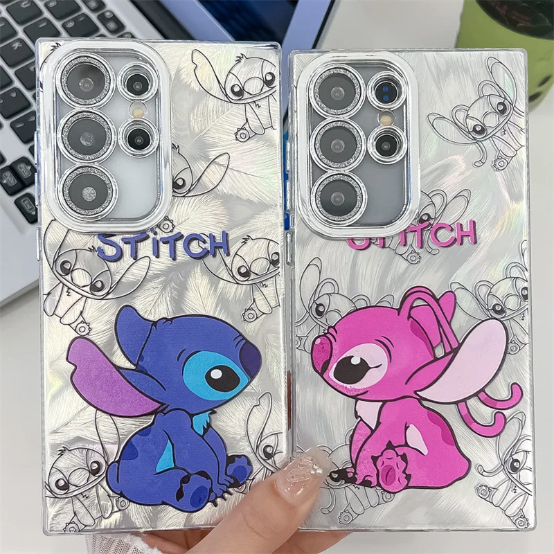 귀여운 만화 스티치 앵글 커플 폰 케이스 삼성 갤럭시 S23 S24 S25 울트라 플러스 A56 A55 글리터 렌즈 필름 충격 방지 커버
