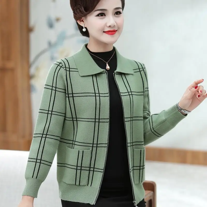 Autumn Winter Turn-down Collar Long Sleeve Fashion Sweater Women High Street Casual Loose Zipper Patchwork Cardigan Plaid Tops