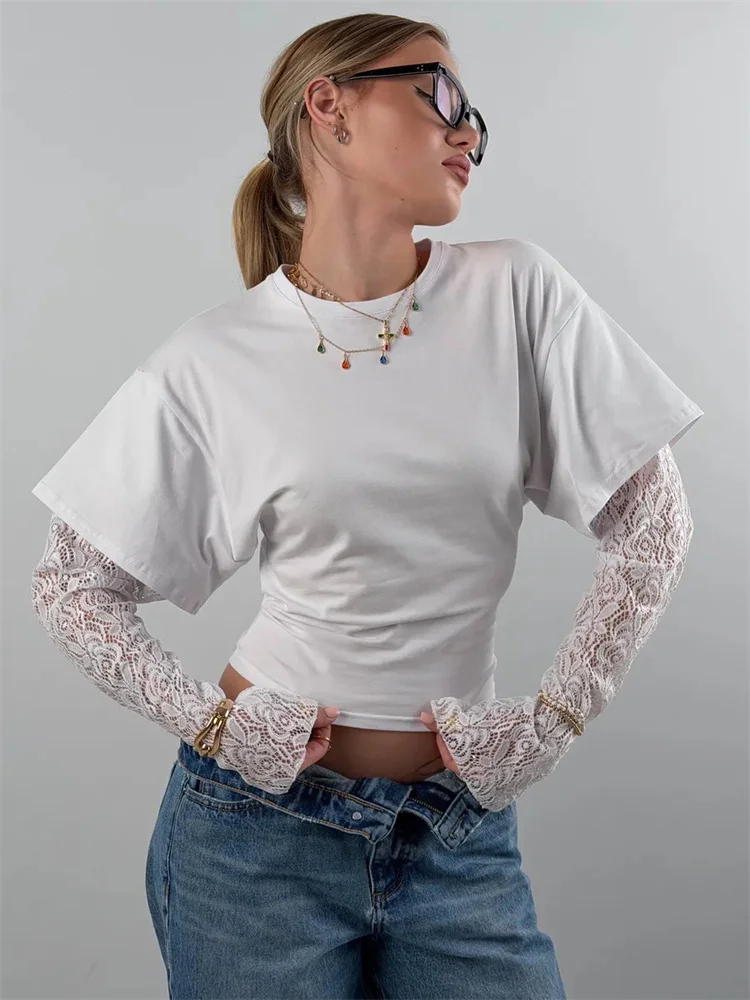 

Tossy White Lace Long Sleeve T-Shirts Top Women's Printed See-Through Commute High Waist Cropped Top Female Summer Tops Tee 2026